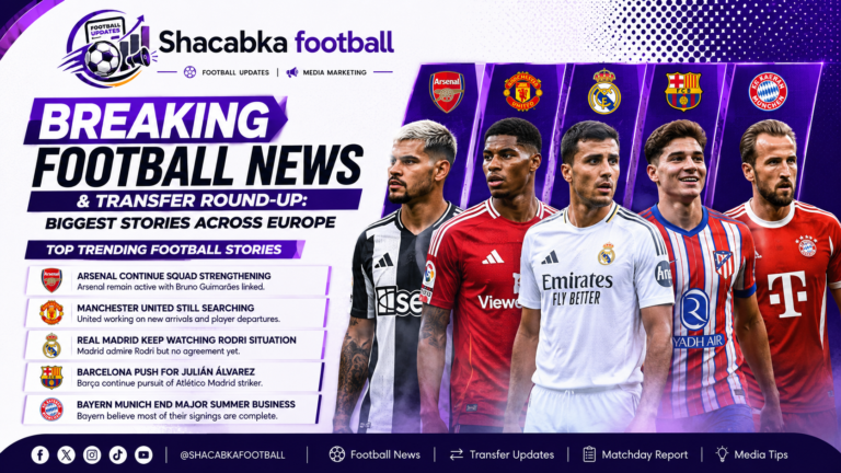 Breaking Football News & Transfer Round-Up graphic featuring Arsenal, Manchester United, Real Madrid, Barcelona and Bayern Munich with the latest transfer news and football updates across Europe.