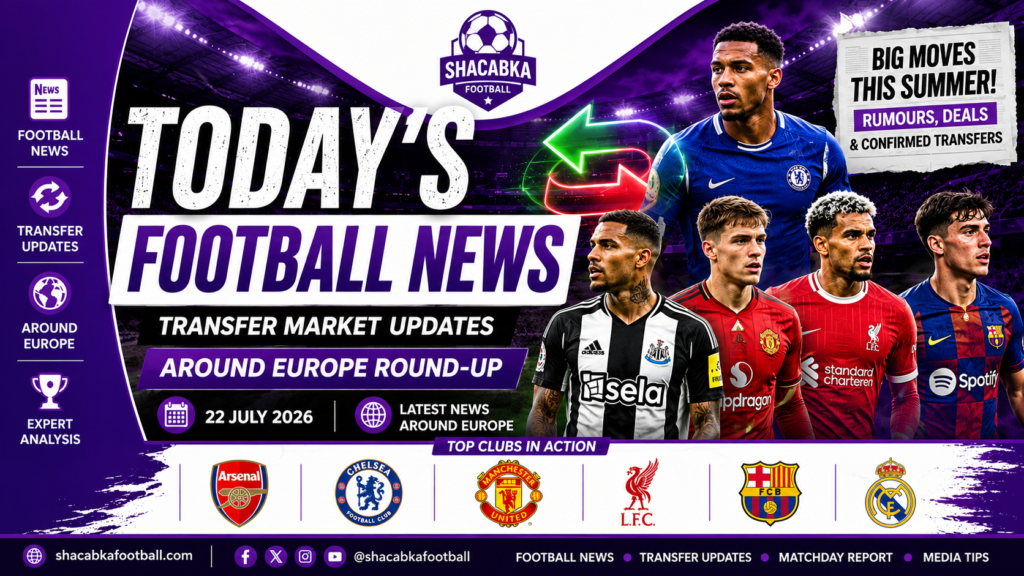 "Today's football news graphic featuring transfer market updates from Arsenal, Chelsea, Manchester United, Liverpool, Barcelona and Real Madrid."