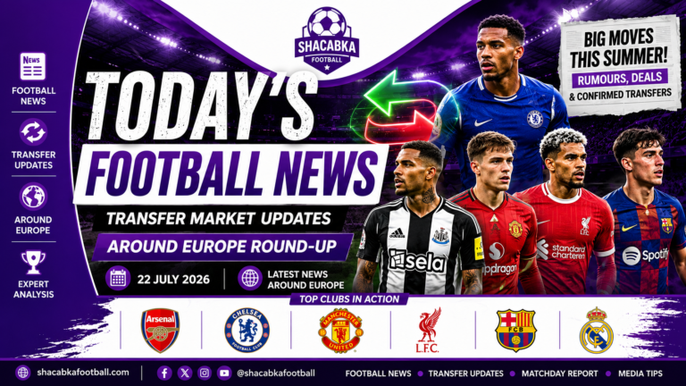 "Today's football news graphic featuring transfer market updates from Arsenal, Chelsea, Manchester United, Liverpool, Barcelona and Real Madrid."
