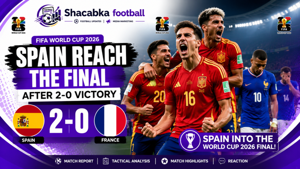 Spain players celebrate after defeating France 2-0 in the FIFA World Cup 2026 semi-final.