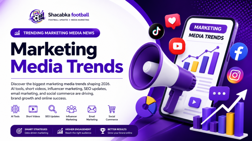 Digital marketing trends in 2026 featuring AI content tools, short-form videos, SEO, influencer marketing, email marketing, and social commerce. Title: