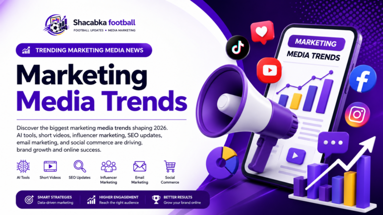 Digital marketing trends in 2026 featuring AI content tools, short-form videos, SEO, influencer marketing, email marketing, and social commerce. Title: