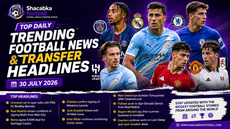 Top trending football news and transfer headlines featuring Liverpool, Real Madrid, Chelsea, Manchester United, Bayern Munich, Everton, Fulham, and Inter Milan on 30 July 2026.