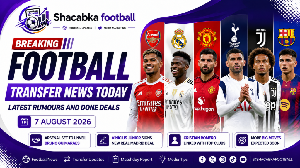 Football transfer news graphic featuring Arsenal, Real Madrid, Manchester United, Tottenham, Liverpool, Juventus and Barcelona with the latest transfer rumours and breaking headlines.