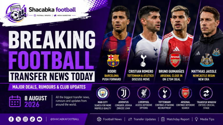 Football transfer news graphic featuring Arsenal, Barcelona, Tottenham, Newcastle, Manchester City and Juventus transfer updates.