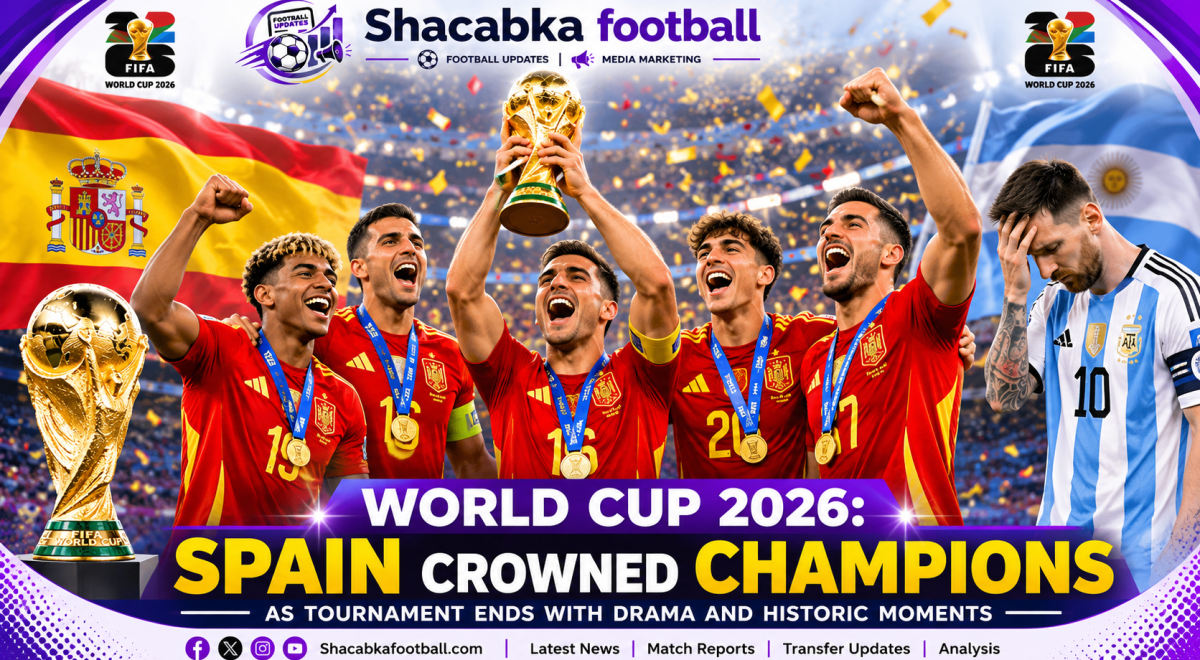 Spain celebrate winning the FIFA World Cup 2026 after defeating Argentina 1-0, with Ferran Torres lifting the trophy in a championship-themed ShacabkaFootball graphic.