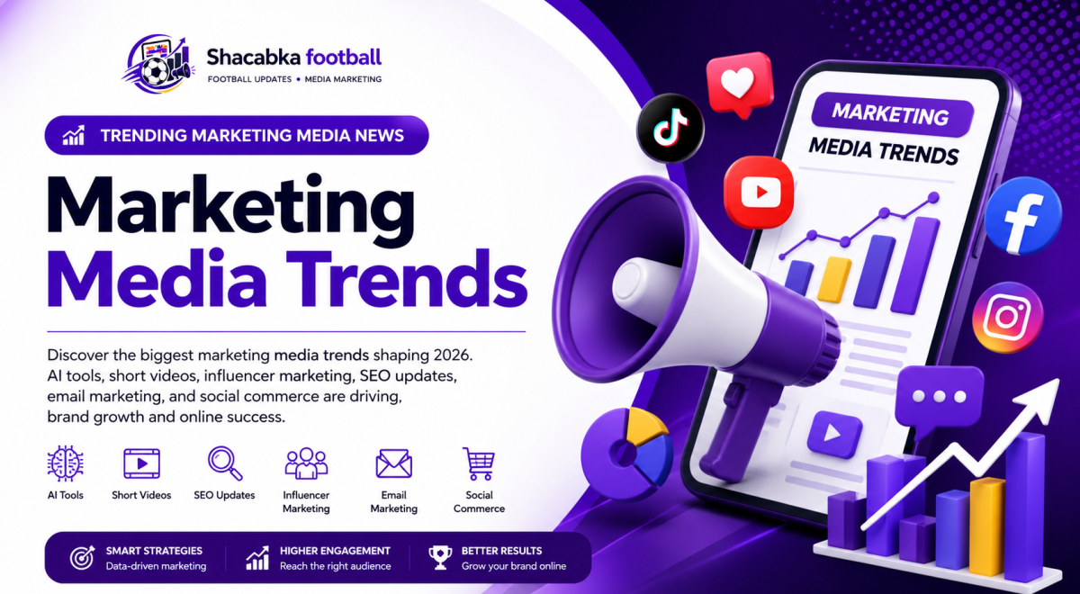 Digital marketing trends in 2026 featuring AI content tools, short-form videos, SEO, influencer marketing, email marketing, and social commerce. Title: