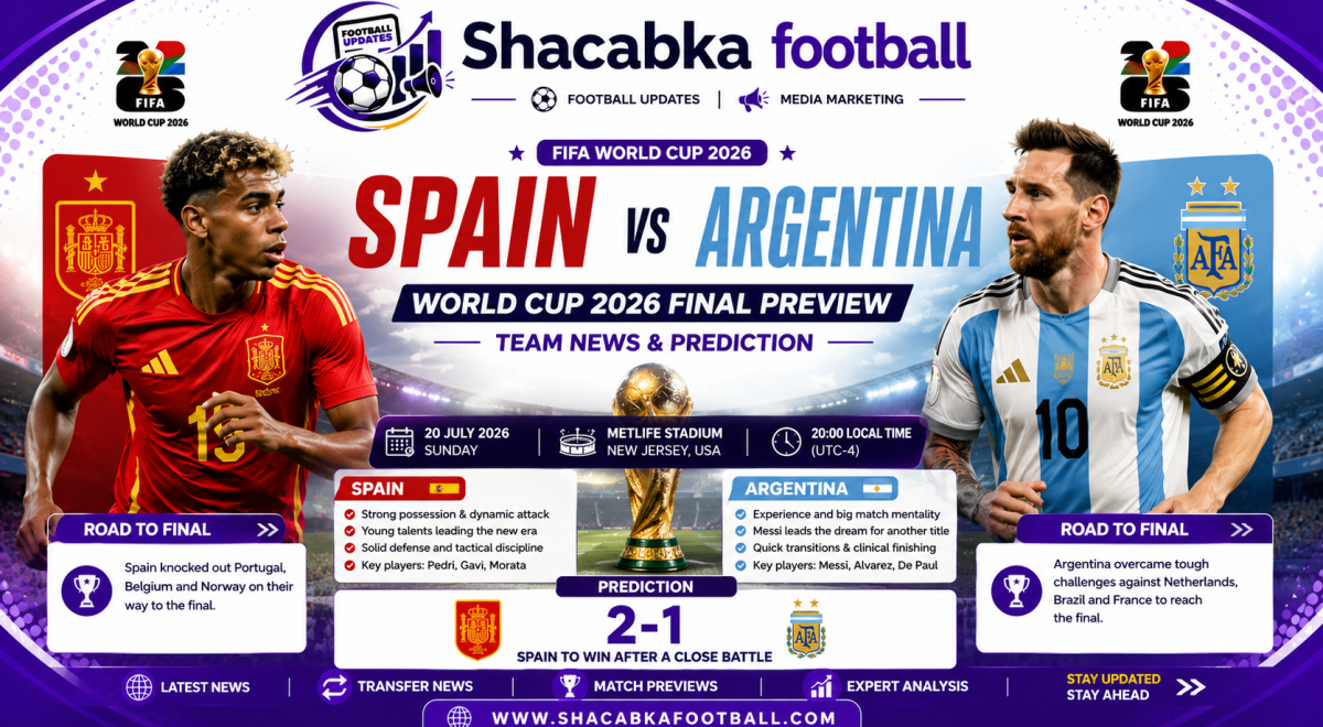 Spain vs Argentina FIFA World Cup 2026 Final Preview featuring the World Cup trophy, national team players, latest match scores and Shacabka Football branding.