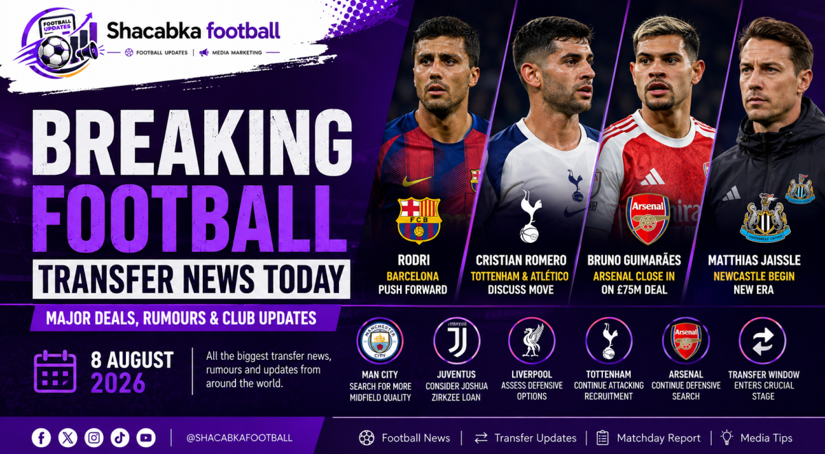 Football transfer news graphic featuring Arsenal, Barcelona, Tottenham, Newcastle, Manchester City and Juventus transfer updates.